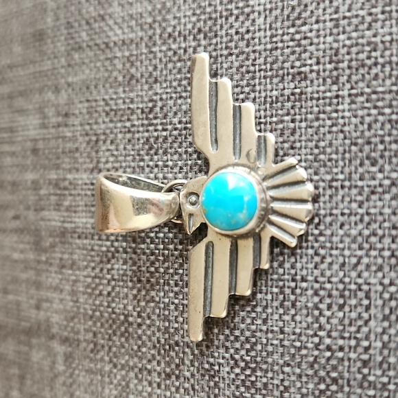 NWOT Native American Navajo Turquoise & Sterling Thunderbird Pendant π©΅π - Picture 3 of 11